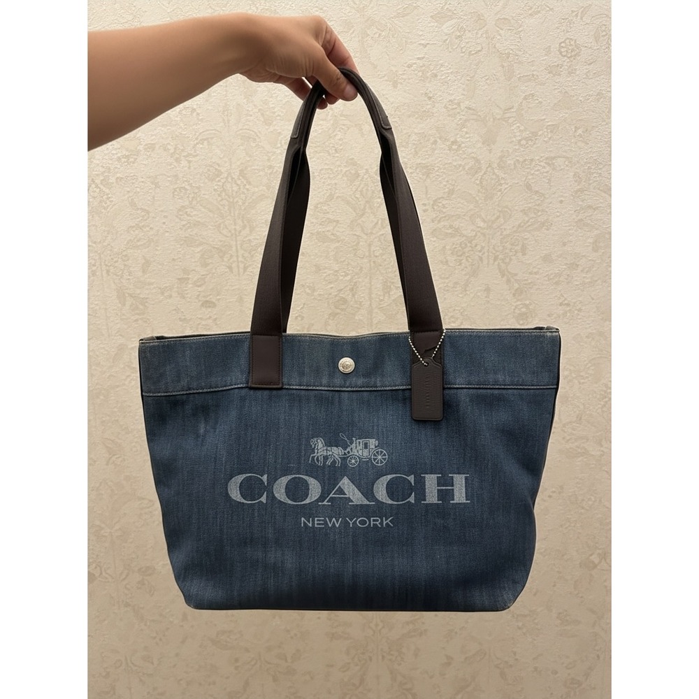 Coach Tote Bag Womens Horse Carriage Denim Blue Leather Shoulder Bag F25902 Lrg